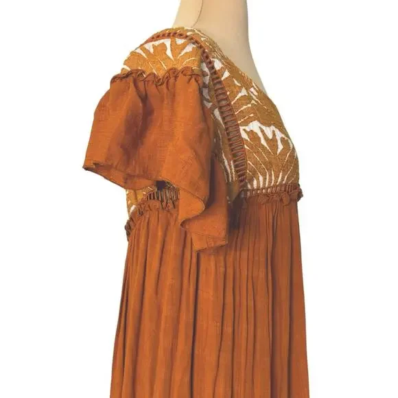 FREE PEOPLE Vintage Charm Relaxed Fit Flowy Embroidered Ruffled Midi Dress Sz XS - Picture 8 of 15